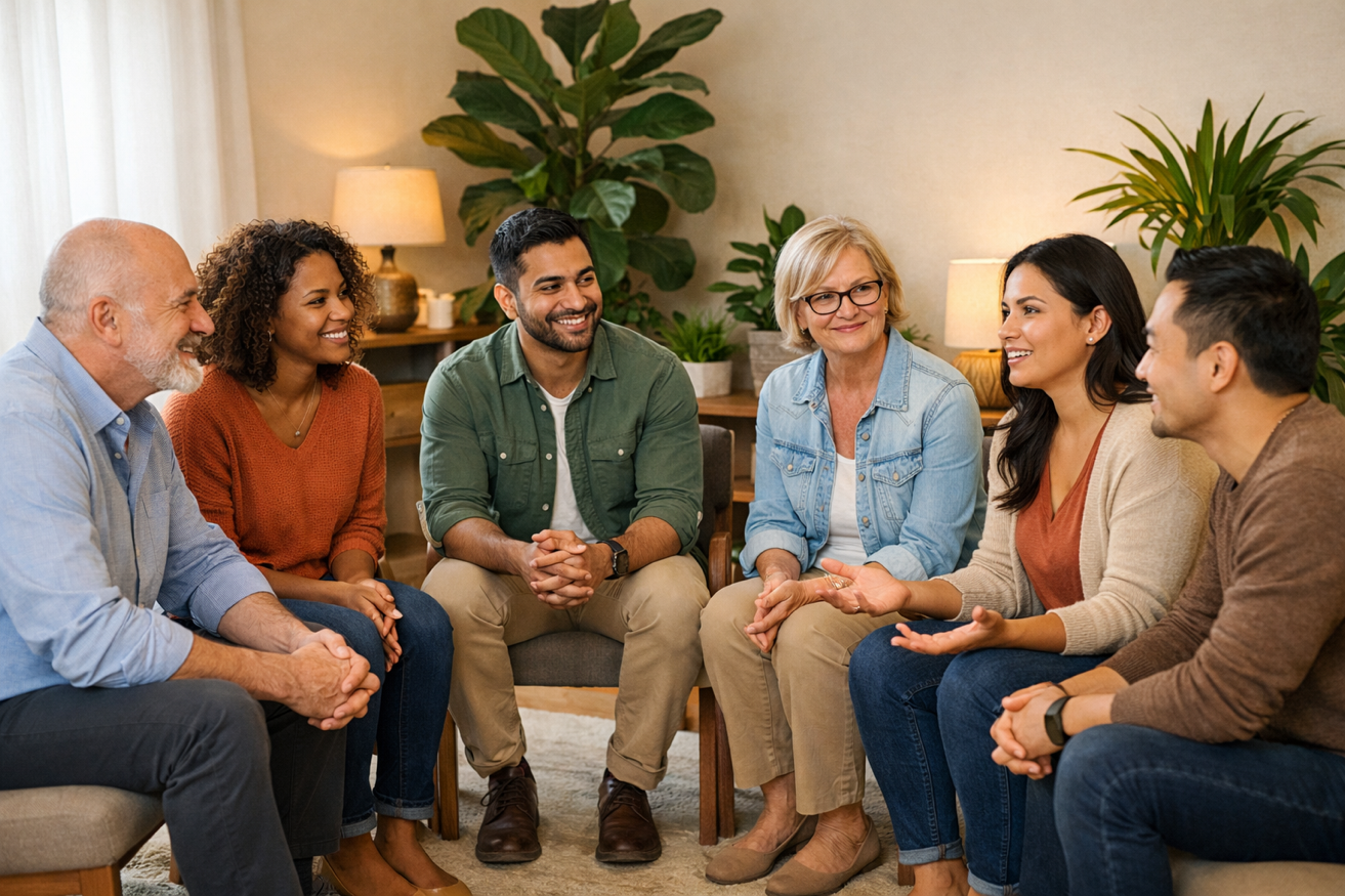 Diverse group therapy session at Soar and Rest